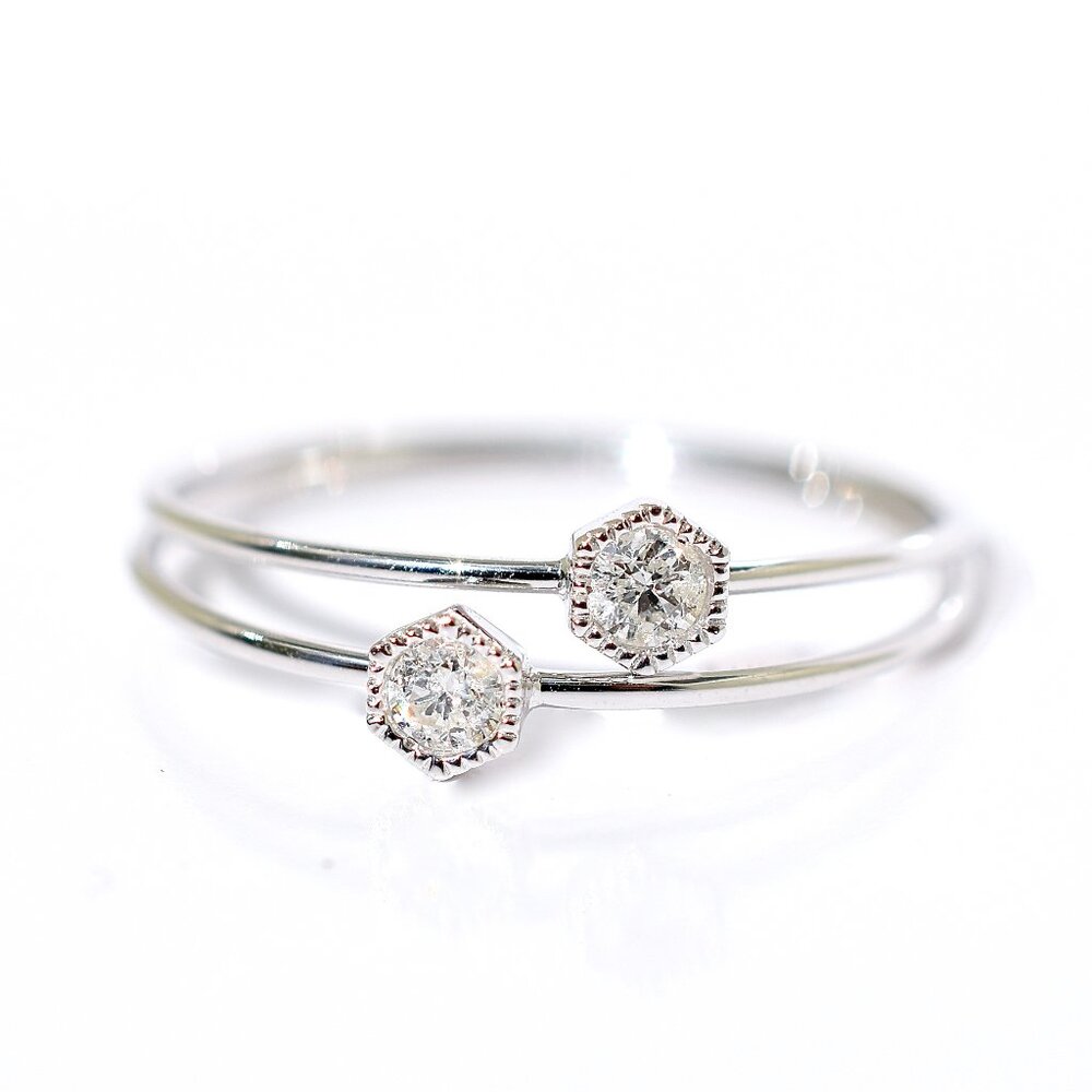 18K White Gold Hexagonal Diamond Petite Solitaire Stack Ring